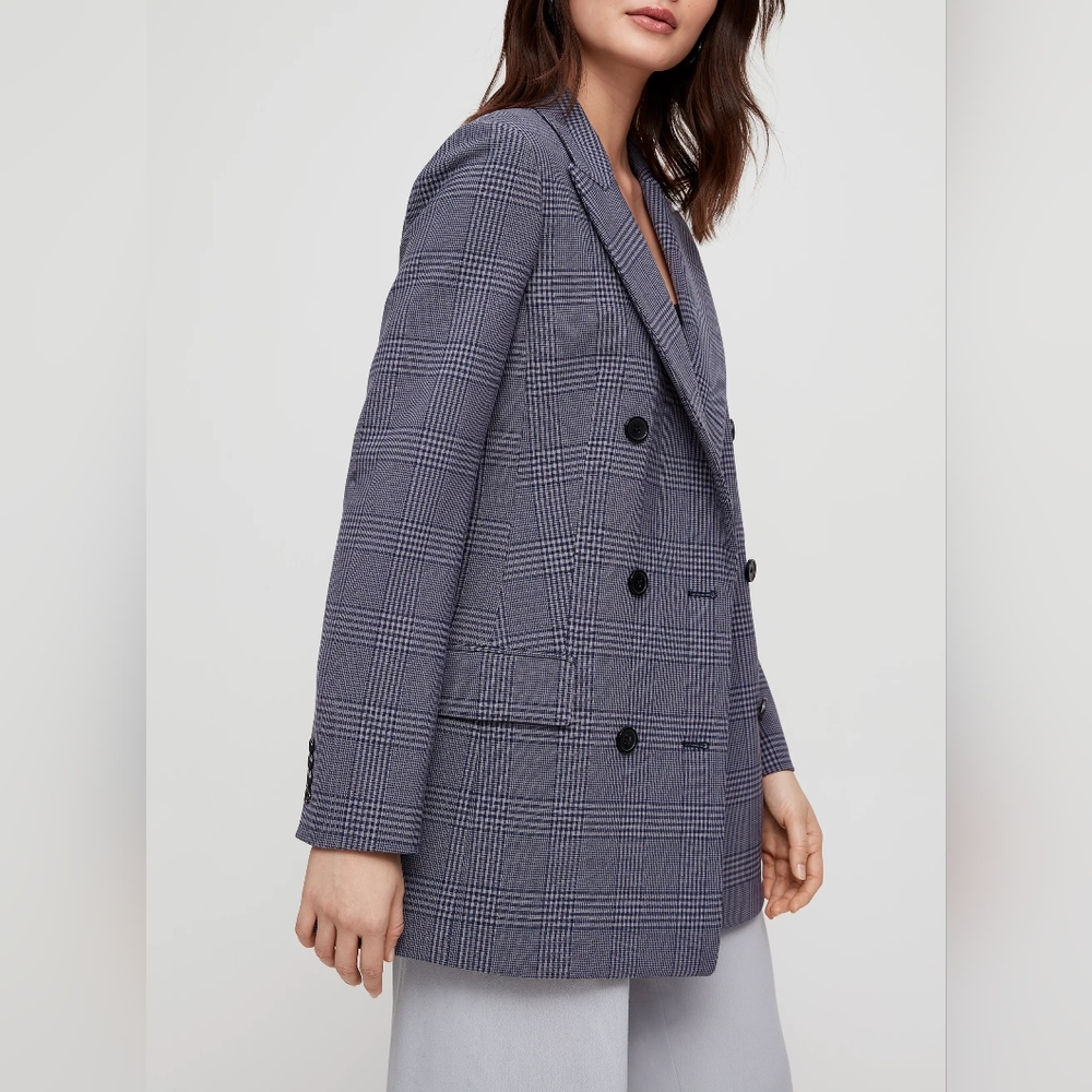 Wilfred Double-Breasted Glen Plaid Blazer in Navy/Gray - Picture 2 of 2
